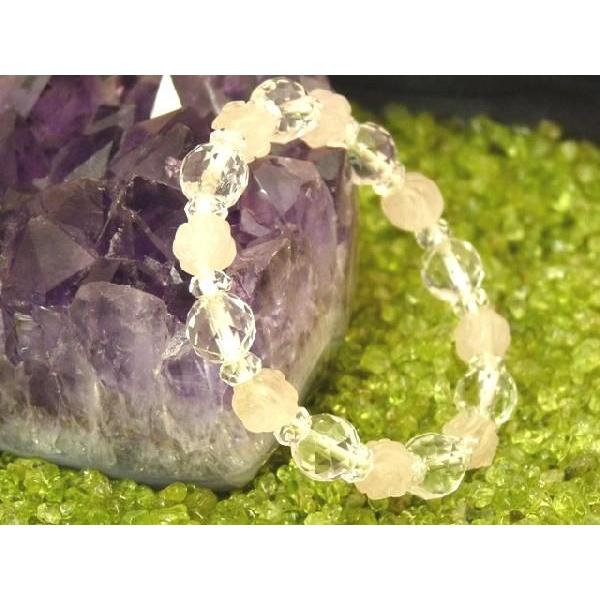 ミニ薔薇彫りローズクォーツ【姫ブレス】紅水晶・水晶　パワーストーンブレスレット　8mm　