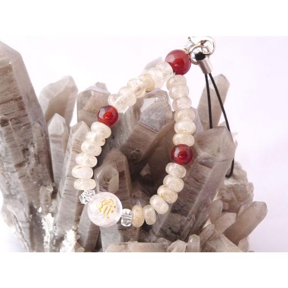 【メール便OK】 金彫り梵字ローズクォーツ 針水晶 赤瑪瑙 天然石ストラップ