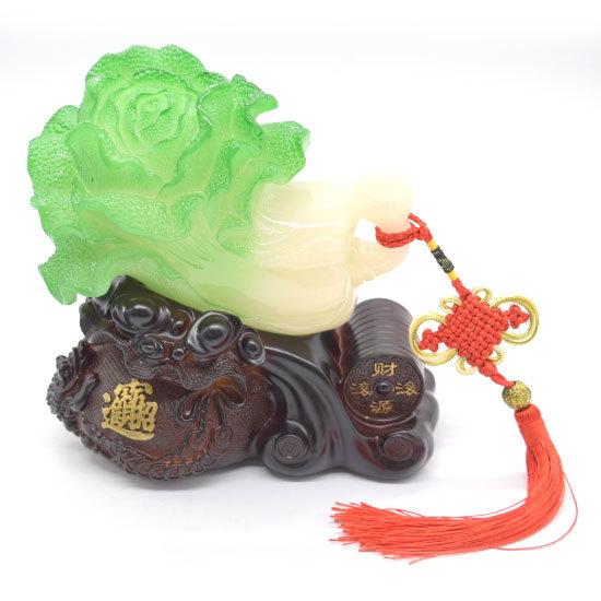 白菜 百財 百才 樹脂製置物 台座付き 三脚蟾蜍 巾着袋 中国飾りつき 17cm