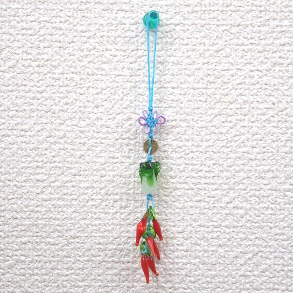 【メール便OK】 白菜の根付 唐辛子ストラップ 百才 百財 ミニ古銭付き 中国ひも 11cm