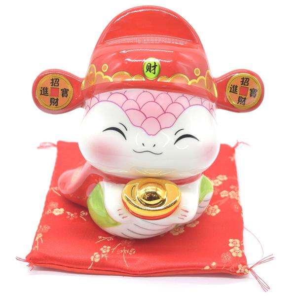 蛇 巳の置物 貯金箱 陶器製 13cm 敷物付き フルカラー ヘビ へび 十二支 干支