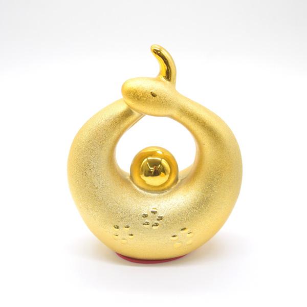 巳 蛇の置物 陶器製 17cm チヂミ柄 金色 小