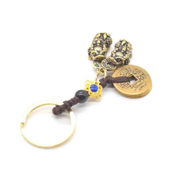 【メール便OK】 貔貅 ペア 五帝銭付き 銅製 キーホルダー ミニチュアサイズ