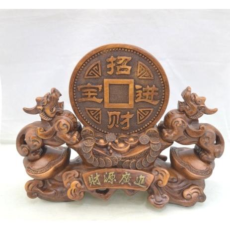 貔貅 ヒキュウ ペア 古銭 木彫り風 台座付き 樹脂製置物 大