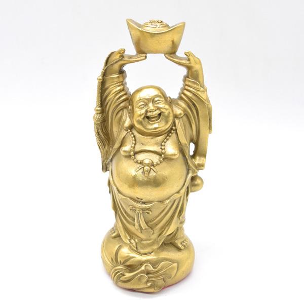 笑佛 布袋 置物 銅製 19cm 縦型 笑い仏 元宝持ち