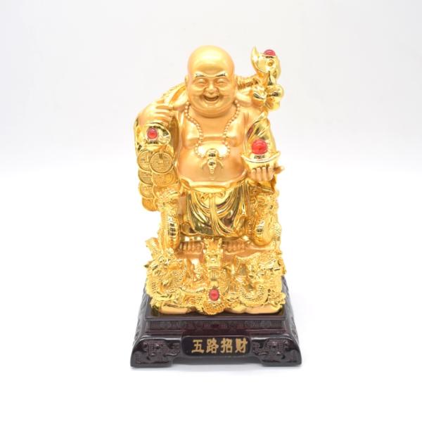 布袋様 置物 笑佛 笑い仏 龍 如意棒 台座付き 樹脂製 金色 25cm