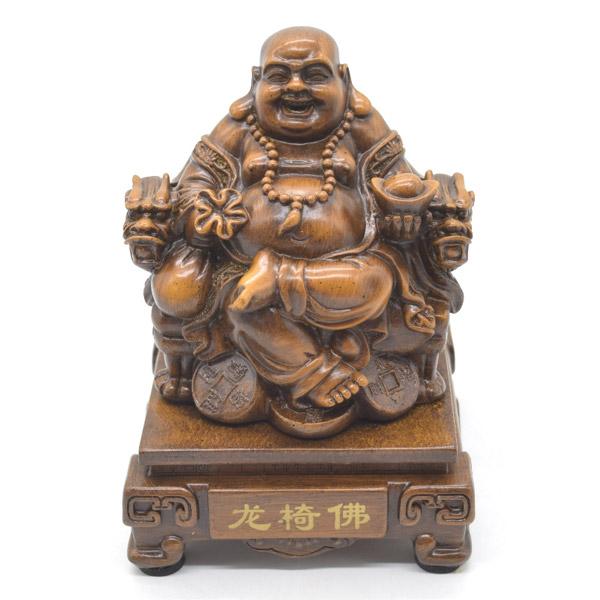 布袋様の置物 笑佛 笑い仏 龍の玉座 樹脂製 木彫り風塗装 16cm