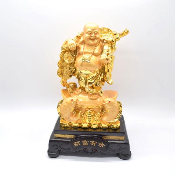 布袋様 置物 笑佛 笑い仏 魚 如意棒 台座付き 樹脂製 金色 36cm