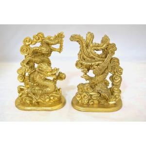 龍 鳳凰 銅製置物 ペアセット 縦長型 中