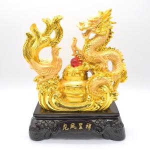 龍 鳳凰 金色 台座付き 聚宝盆 樹脂製置物 34cm