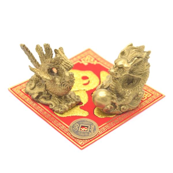 龍 鳳凰 銅製置物 ペアセット 横型 古銭 敷物付き 小