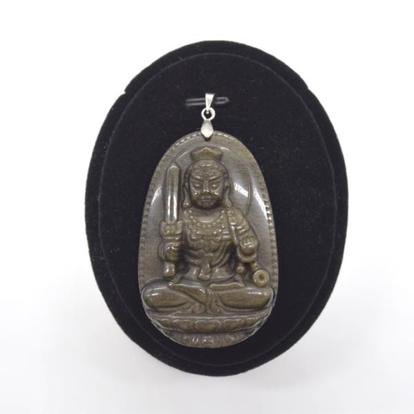 不動明王 仏像 ペンダントヘッド オブシディアン 天然石製パーツ 黒曜石 5.5cm
