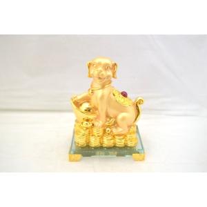 戌 犬 樹脂製置物 元宝 ガラス台座 中 金運 十二支