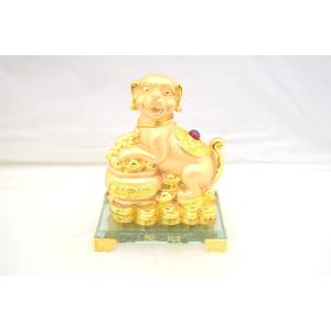 戌 犬 樹脂製置物 聚宝盆 ガラス台座 中 金運  十二支