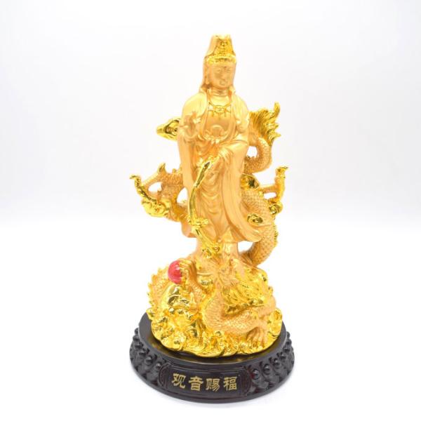 観音様 龍 樹脂製置物 元宝 円形台座 仏像 金色 32cm