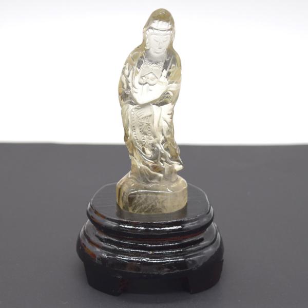 仏像彫刻 天然石製 シトリン 黄水晶 観音菩薩 台座付き 13cm