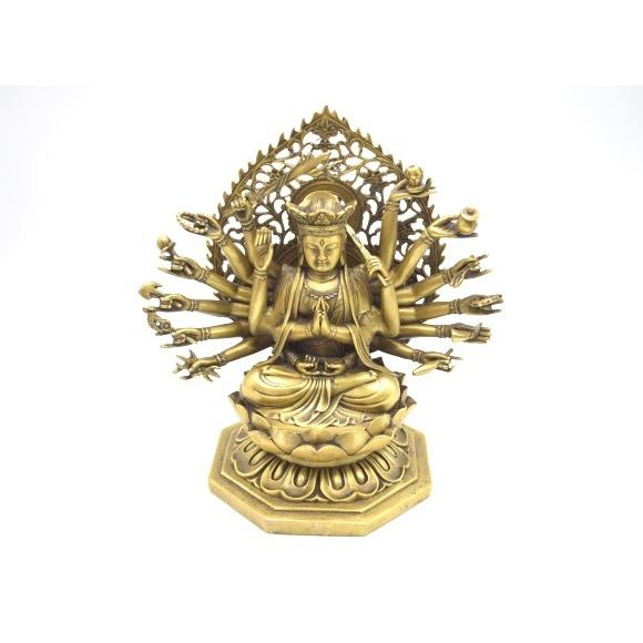 千手観音 仏像 銅製置物 台座付き 黄金色 大