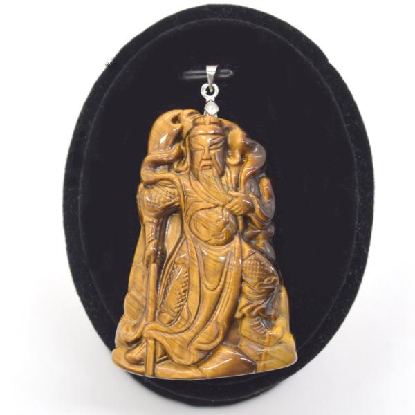 関羽彫りプレート ペンダントヘッド タイガーアイ 虎目石 ペンダントトップ 天然石パーツ 5.5cm