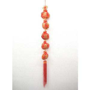 巾着 布製 招財進寶 赤 五連 吊るし物