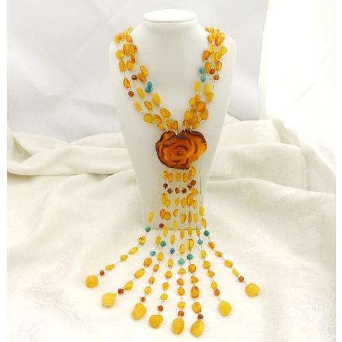 琥珀 コハク アンバー ネックレス 首飾り ミルキーアンバー 花彫り