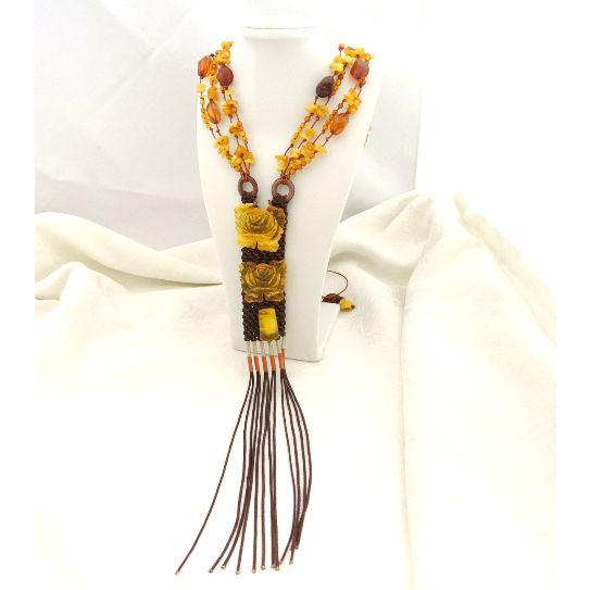 琥珀 コハク アンバー ネックレス 首飾り ミルキーアンバー 花彫り 中国結び