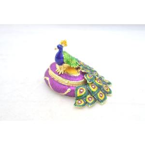 孔雀 七宝焼き 小物入れ 金属製置物 羽広バージョン 選べる2色 赤と青