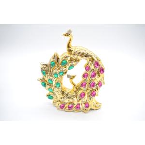 孔雀 ペア型 陶器製置物 飾り石つき 金色 24cm