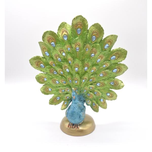 孔雀 樹脂製置物 彩色済み ラメ装飾 台座付き 35cm