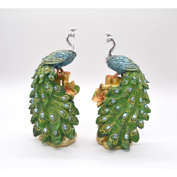 孔雀 二羽セット 樹脂製置物 彩色済み ラメ装飾 台座付き 28cm