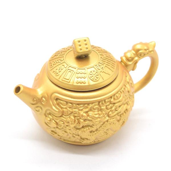 急須の置物 龍と鳳凰柄 金属製 5cm 艶消し仕様 金色塗装 サイコロ 蓋が回る 回転ギミック 国士...