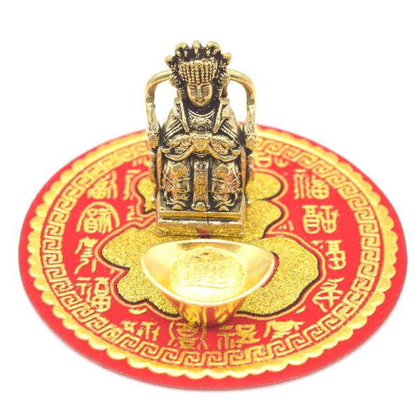 媽祖の置物 風水三点セット 5.5cm 金属製 ミニチュア 着席タイプ 元宝 福飾の敷物付き