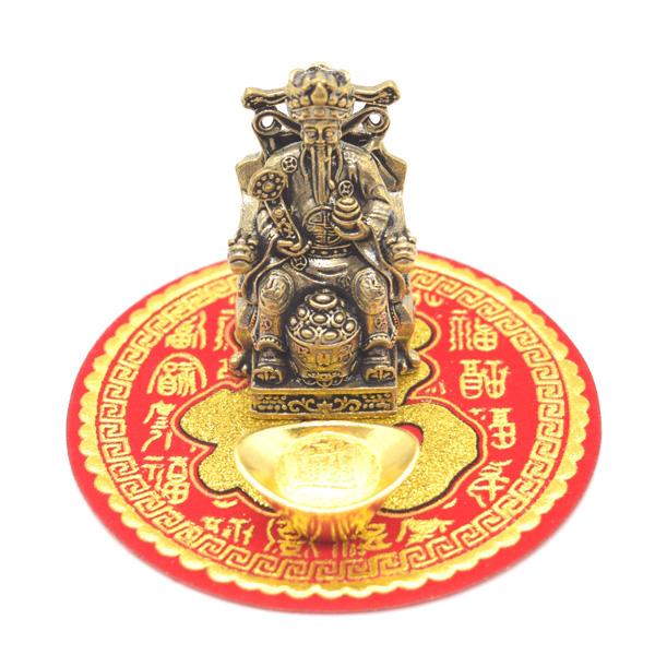 財神の置物 風水セット 6.5cm 金属製 ミニチュア 腰掛タイプ 福飾の敷物付き