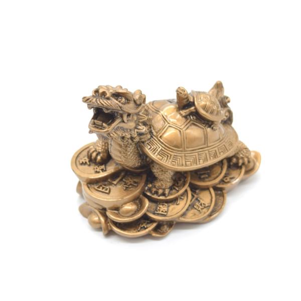龍亀 ドラゴンタートル ロングイ 樹脂製置物 アンティーク調塗装 子亀つき 古銭 6.5cm