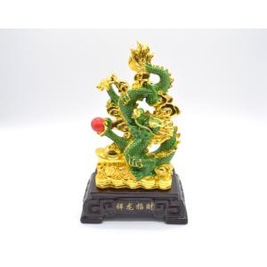 辰 龍の置物 8の字龍 緑と金 重ね8 樹脂製 28cm 8型 竜 古銭 招財進宝 末広がり 台座付き