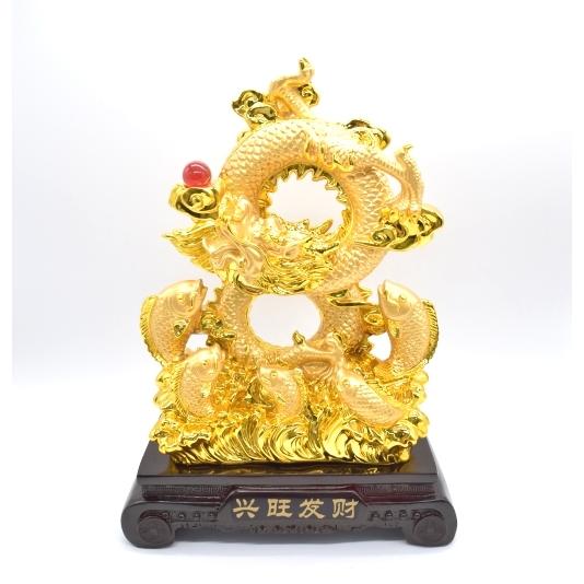 辰 龍の置物 8の字龍 金色 鯉 樹脂製 42cm 8型 竜 末広がり 如意宝珠 台座付き