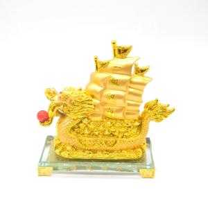 龍船 ガラス台座 樹脂製置物 一帆風順 金色 18cm