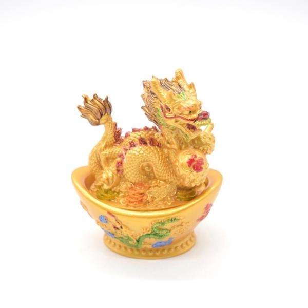 辰 龍の置物 小物入れ 樹脂製 金色 11cm 竜 元宝台座 聚宝盆 瓢箪