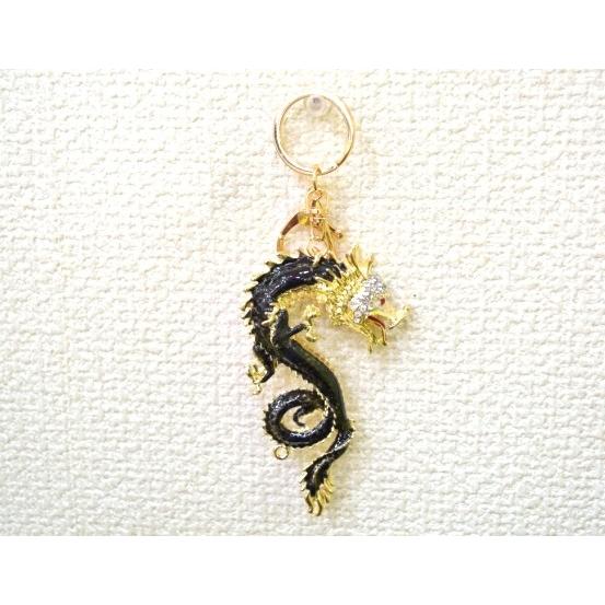 【メール便OK】 龍 竜 七宝焼き キーホルダー 黒 ブラック 金属製
