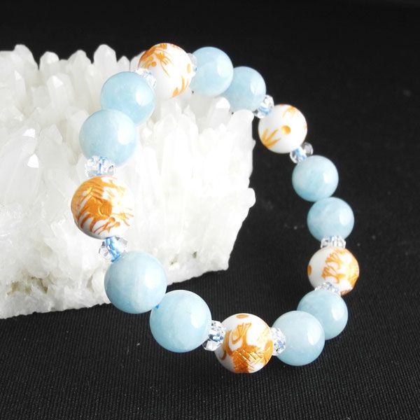 東京ウォーカー掲載商品 金彫り龍 ホワイトオニキス アクアマリン パワーストーン 天然石ブレスレット