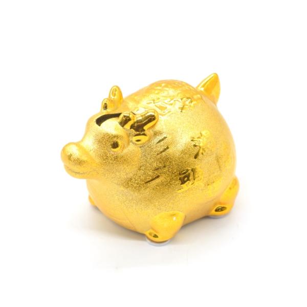 龍 辰 貯金箱 陶器製置物 丸型 チヂミ柄 鴻運富頭 招財進寶 金色 小 8cm