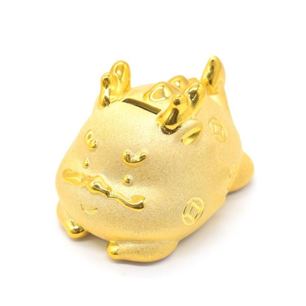 龍 辰 貯金箱 陶器製置物 寝そべり型 チヂミ柄 金色 中 10cm