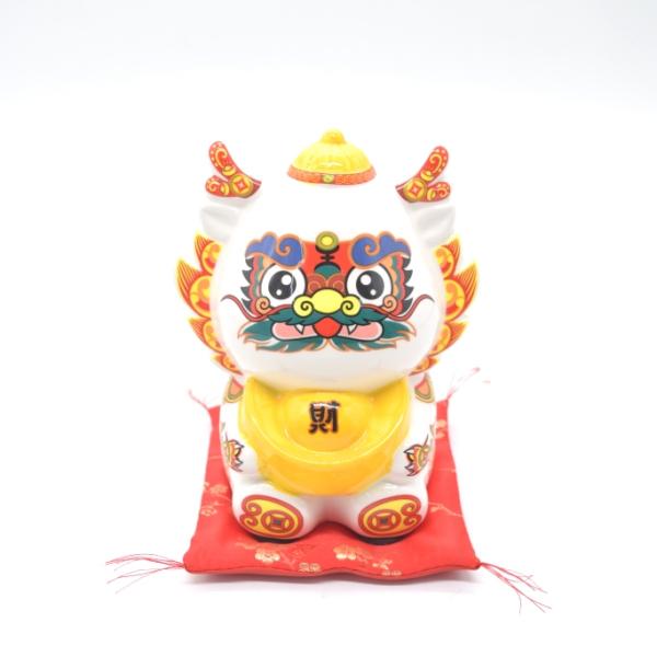 龍 辰 貯金箱 座布団付き 陶器製置物 焼き付け式着採 フルカラー 白 15cm