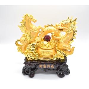 龍 馬 金色 聚宝盆 樹脂製置物  風水インテリア 台座付き うまくいく 成功 30cm