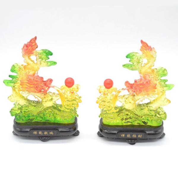 龍の置物 龍 ペアセット グラデーション カラフル 如意宝珠 樹脂製 黒台座付き 17cm