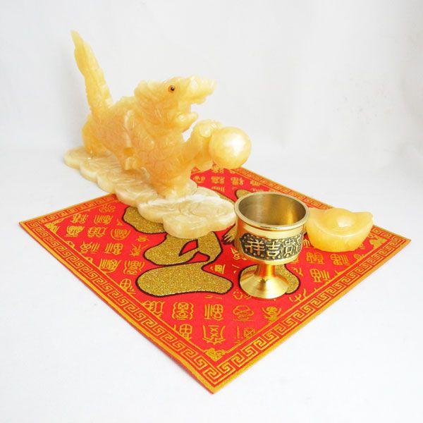 龍 黄玉石置物 銅杯 元宝 福敷き物 インテリアセット 総合運
