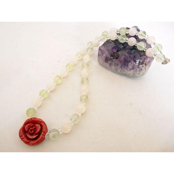 薔薇彫りサンゴ 珊瑚 プレナイト ローズクォーツ パワーストーン 天然石ネックレス 首飾り 女性のお...