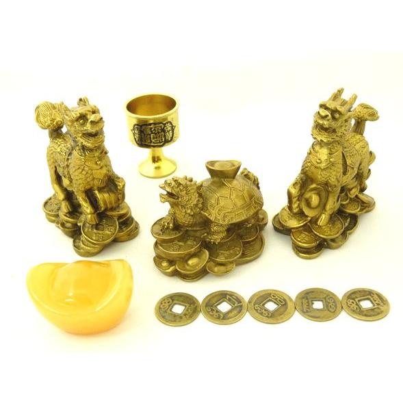 龍亀 ロングイ 麒麟置物 銅杯 元宝 古銭 金運 人間関係 商売繁盛 初めての風水セット