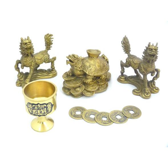 龍亀 ロングイ 麒麟置物 銅杯 古銭 風水インテリア 金運 人間関係 商売繁盛 初めての風水セット