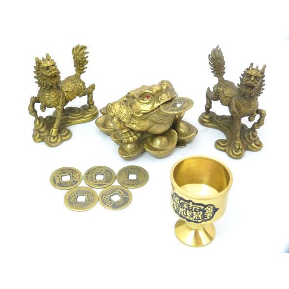 三脚蟾蜍 麒麟 銅製置物 銅杯 古銭 三本脚の蛙 風水セット 風水インテリア 風水インテリア 金運 ...