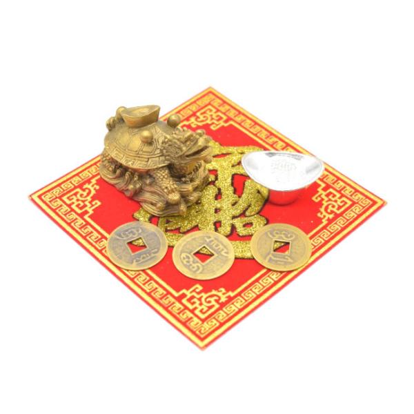 龍亀 ドラゴンタートル 銅製風水セット 銀色元宝 古銭 敷物付き 銅製置物